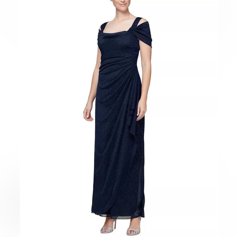 Alex Evenings Cold Shoulder Draped Metallic Gown - Dark Navy - 16W - NWT